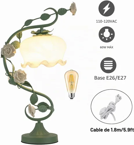 Vista 4 de TFCFL Lámpara de Mesa de Flor de Rosa para Dormitorio, Lámpara de Escritorio de Vidrio Manchado Elegante Lámpara de Mesa Enchufable Luz de Mesita