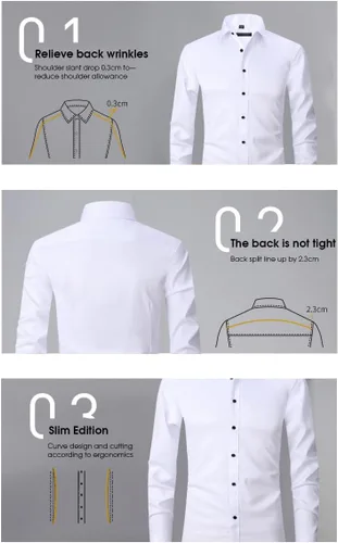 Vista 5 de Camisa de vestir para hombre, manga larga, ajustada, informal, con botones, color liso