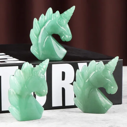 Vista 3 de Artistone Figuras de piedra de unicornio de jade de aventurina verde de 2 pulgadas talladas a mano, adorno de unicornio de cristal, símbolo