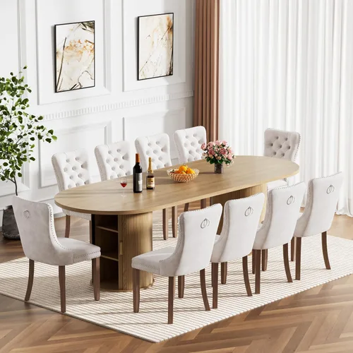 Vista 13 de Mesa de comedor redonda extensible de 94 pulgadas con base de almacenamiento, mesa de comedor expandible natural para 10, mesa de comedor de madera