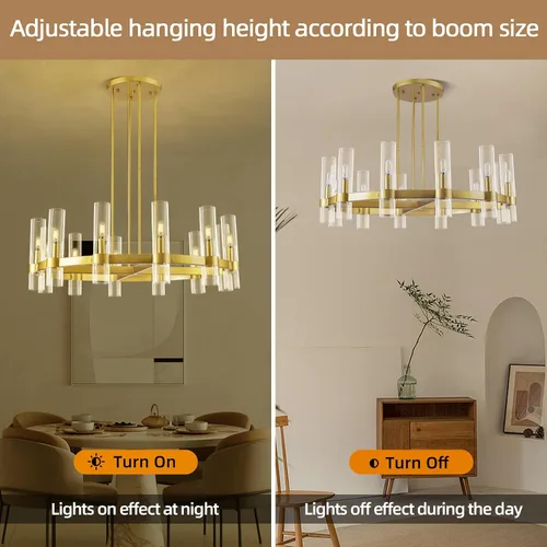 Vista 7 de Candelabro de 12 Luces de Latón Redondo 36" Candelabros de Rueda de Vagón de 91 cm para Fijo de Iluminación de Comedor Tubo de Vidrio Transparente