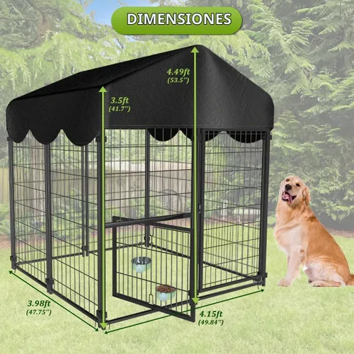 Vista 5 de Perrera resistente para perros al aire libre, perreras cubiertas exteriores con techo, 4 x 4.2 x 4.5 pies, puerta de comedero ajustable para perros
