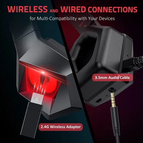 Vista 2 de BENGOO Auriculares inalámbricos para juegos 24G para PS5 PS4 PC con micrófono desmontable con cancelación de ruido luz LED roja orejeras de memoria