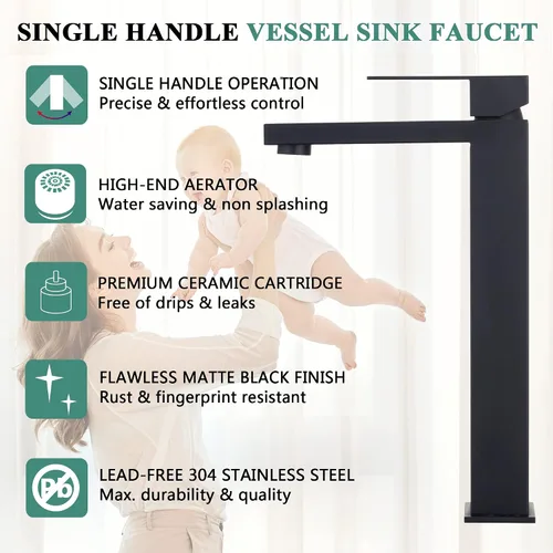 Vista 4 de Tohlar Grifo de lavabo de recipiente negro, grifo de baño alto, moderno grifo de fregadero negro de una sola manija para montaje en cubierta de 1