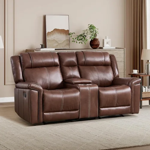 Vista 23 de EBELLO Sofá reclinable de cuero sintético de 3 plazas, sofá reclinable manual, silla de 3 asientos de estilo moderno de mediados de siglo con Marrón