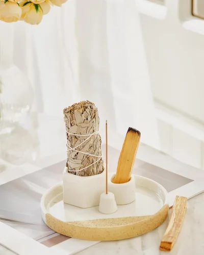 Vista 5 de Soporte de incienso 4 en 1, bandeja de cerámica para manchas de 5.6 pulgadas, soporte de salvia, soporte de Palo Santo, soporte de incienso