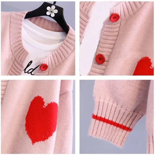 Vista 2 de FindThy Cárdigan lindo para mujer, suéter Kawaii Love Heart Print Y2K botón de punto prendas de abrigo