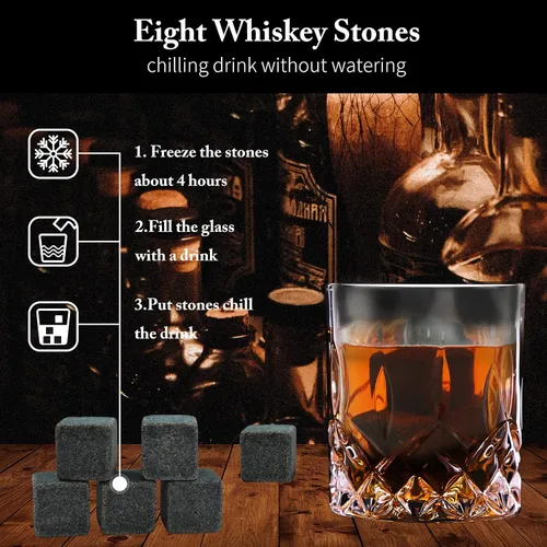 Vista 4 de Juego de regalo de piedras de whisky, juego de vasos de whisky con 8 piedras de granito para enfriar whisky, 2 vasos de bourbon, los mejores regalos
