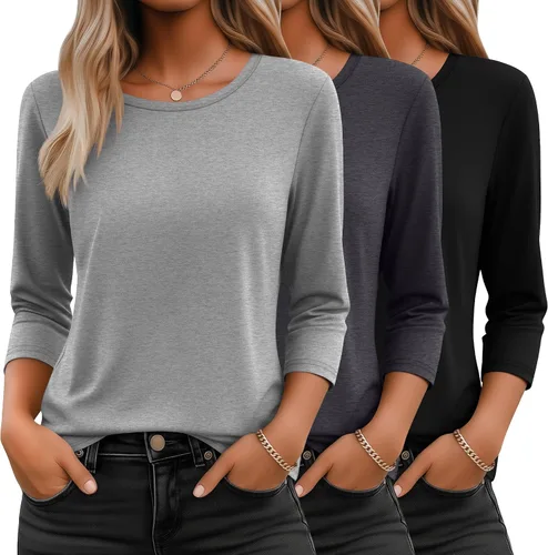 Vista 18 de Ficerd Paquete de 3 camisetas de manga 3/4 para mujer, cuello redondo, camisetas básicas elegantes, casuales, modernas, holgadas
