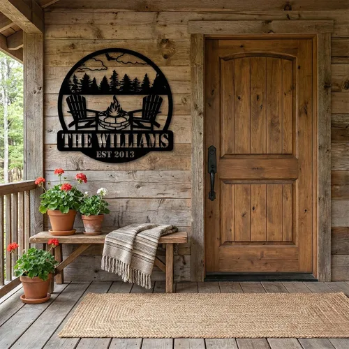Vista 6 de Customizable Metal Sign for Your Perfect Mountain Getaway - Featuring Fire Pit and Scenic View, Personalized Family Badge with Fire Pit - Create