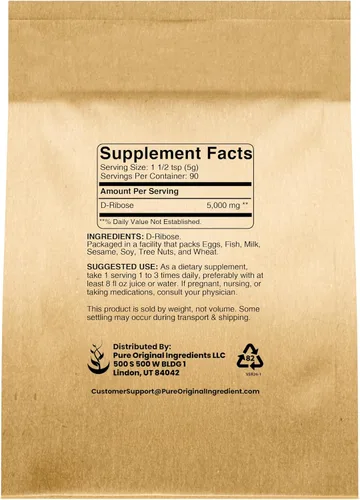 Vista 2 de Pure Original Ingredients D-Ribosa (1 libra) Suplemento nutricional, sin OMG, sin gluten, sin sabor