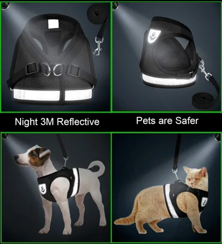 Vista 5 de Arneses para gatos y cachorros con conjunto de correas, arnés para gatos a prueba de escape, chaleco de malla suave reflectante ajustable apto