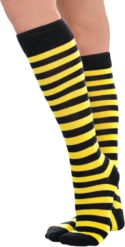 Vista 2 de Bee - Calcetines altos a la rodilla a rayas negras y amarillas, 1 par, se adaptan a la mayoría de adolescentes y adultos, perfectos para Halloween