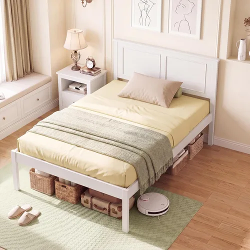 Vista 11 de GIANTEX Marco de cama de madera individual con cabecero, plataforma moderna de mediados de siglo con soporte de listones de madera, base de colchón