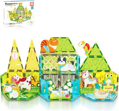 Vista 11 de PicassoTiles - Juego de 38 piezas de bloques de construcción con azulejos magnéticos, tema de dinosaurios, con 8 figuras de acción magnetizadas