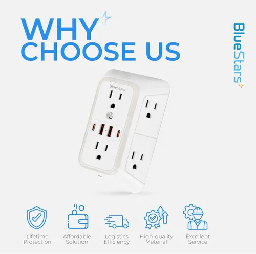 Vista 12 de Regletas de corriente para montaje en pared, cargador de pared, extensor de 6 enchufes, 4 puertos USB (5V, 2.4A, 12W) y luz nocturna, regleta