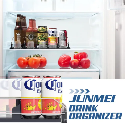 Vista 5 de Organizador de Bebidas para Refrigerador, 12oz 16oz 20oz - Dispensador de Latas de Refresco para Refrigerador, Ancho Ajustable, Deslizador Negro