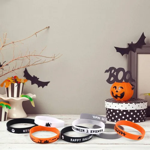 Vista 5 de FEPITO 140 paquetes de pulseras de silicona para Halloween, 7 patrones clásicos de Halloween, pulseras de goma