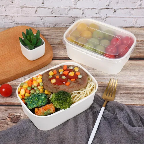 Vista 2 de Cuencos de ensalada de papel desechables de 25 onzas con tapas, recipientes rectangulares para alimentos, cuencos de sopa, suministros de fiesta