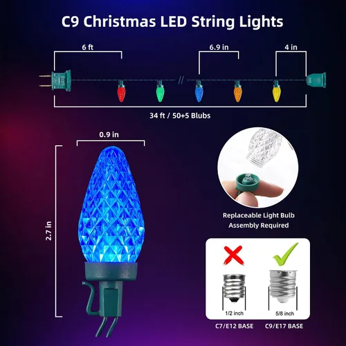 Vista 9 de Luces LED C9 de Navidad para exteriores, 34 pies, 50 LED, impermeables, decoraciones navideñas de fresas, luces de cadena, enchufables, luces