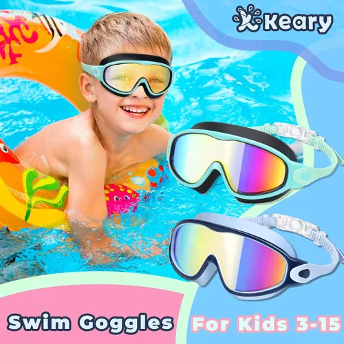 Vista 2 de Keary - Paquete de 2 gafas de natación para niños de 3 a 15 años, protección ultravioleta, antivaho, para piscina, agua, para niños, niñas, jóvenes