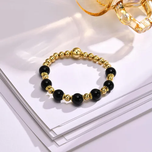Vista 2 de MengPa Pulseras de cuentas de oro, pulsera de bolas de cuentas de piedra, joyería para mujer