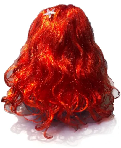 Vista 3 de Funna Peluca de sirena para niñas, disfraz de princesa con horquilla de estrella de mar para Halloween, cosplay, rojo, L