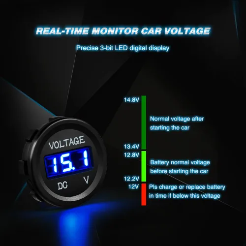 Vista 6 de Nilight Panel de voltímetro de pantalla digital LED DC12V Panel redondo digital impermeable VoltVolt Tester Gauge para barco, vehículo marino