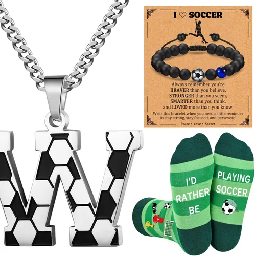 Vista 25 de Soccer Gifts Set A-Z Letter Soccer Necklace for Men Novelty Soccer Socks&Soccer Bracelets for Soccer Lovers