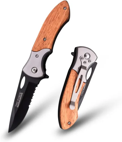 Vista 3 de Tac-Force Serie de cuchillos de bolsillo plegable, hoja de punto de caída, mango de madera con refuerzo de acero inoxidable, clip de bolsillo 2Pack