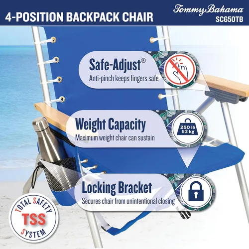 Vista 4 de Tommy Bahama 2-Pack Silla de Playa con Mochila Hi-Boy, Altura del Asiento de 17 Pulgadas, 4 Posiciones, con Cordones, Silla Plegable, Azul Palmas