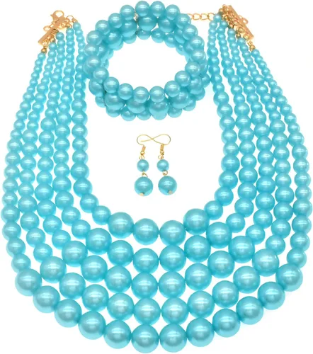 Vista 9 de JNF Collares grandes de perlas de imitación para mujer, collar de perlas de múltiples hebras, pulsera y aretes, collar de perlas para disfraz Negro