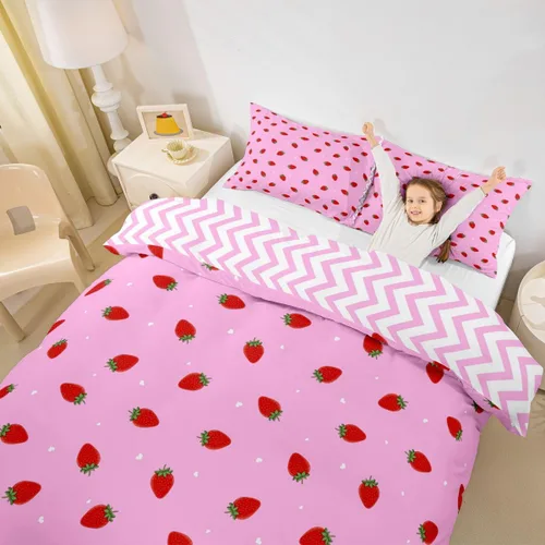 Vista 4 de Erosebridal - Juego de ropa de cama kawaii, juego de funda de edredón con diseño de fresa rosa, para mujeres, niñas y niños, decoración