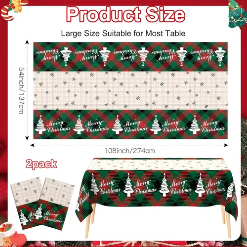 Vista 2 de Mantel de Navidad, 2 piezas de mantel de Navidad desechable para mesa rectangular, 54" x 108" de plástico con diseño de copo de nieve, árbol