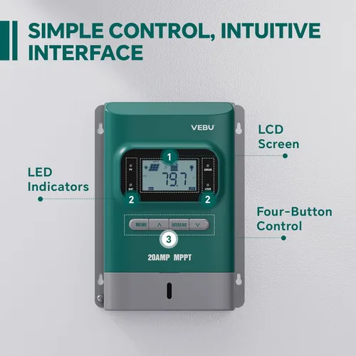 Vista 3 de MPPT Controlador de carga solar - Controladores de carga para paneles solares - 50V, 20 amperios, 12/24 voltios