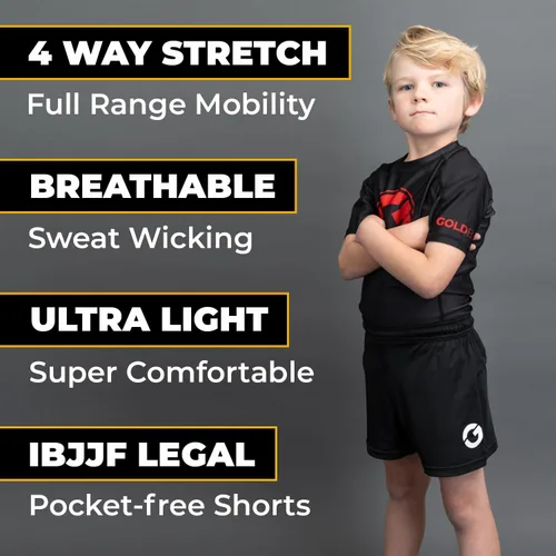 Vista 2 de Gold BJJ Pantalones cortos de Jiu Jitsu para niños, ligeros para lucha juvenil, para artes marciales, lucha, boxeo y artes marciales mixtas