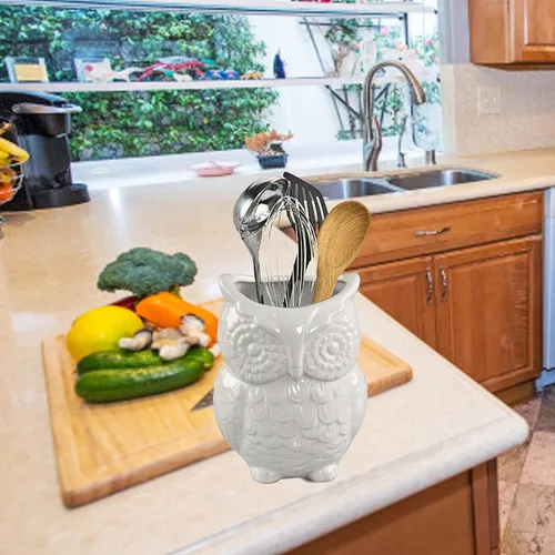 Vista 5 de Home-X Soporte para utensilios de cerámica con diseño de búho, organizador de cocina, organizador grande de utensilios para mostrador