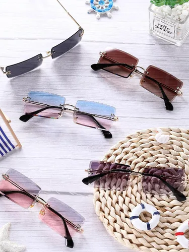 Vista 4 de Weewooday 6 pares de gafas de sol rectangulares sin montura elegantes gafas cuadradas sin marco, color caramelo, gafas unisex para mujeres y hombres