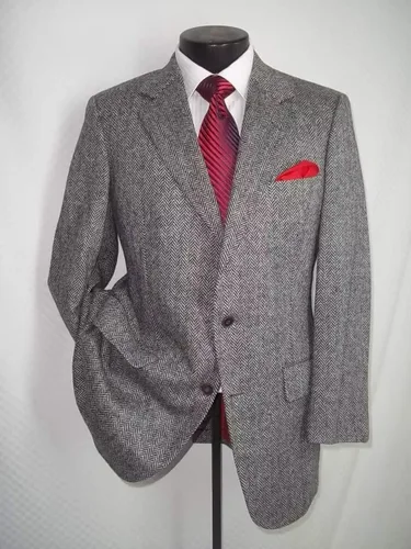Vista 2 de Chaqueta de tweed de espiga para hombre, chaqueta de traje vintage ligera de 2 botones, abrigo deportivo de negocios