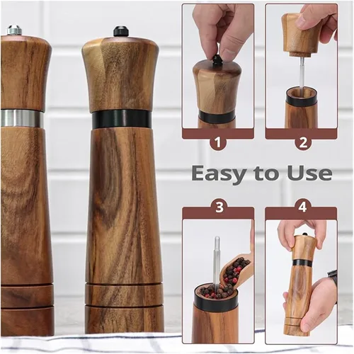 Vista 6 de Steel Ring Pepper Grinder,Manual Acacia Wood Mill,Multi Use Seasoning Bottle,Ceramic Core,BBQ Tool Shaker Sets (10in Set With Base)