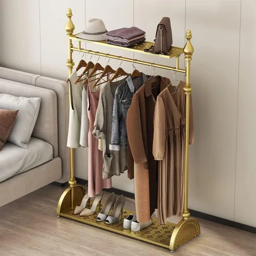 Vista 7 de Perchero de Ropa Dorado, Perchero de Ropa Industrial para Colgar Ropa con Estantes Dobles Independiente Multifuncional de Servicio Pesado Perchero