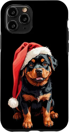 Vista 10 de iPhone 15 Divertido Rottweiler Navidad lindo cachorro con sombrero de Navidad caso