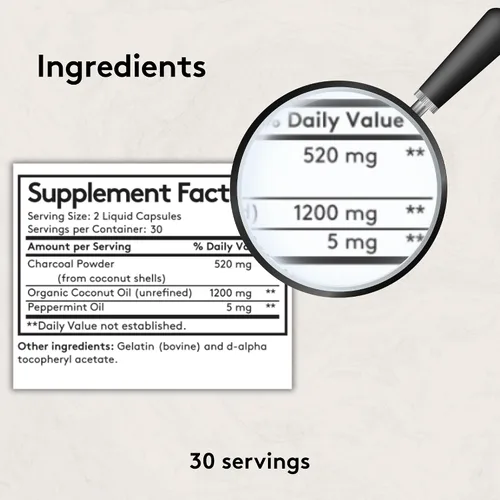 Vista 10 de Youth & Tonic Píldoras de carbón activado líquido 3 en 1 + 1200 mg de aceite de coco orgánico y aceite de menta, desintoxicación digestiva