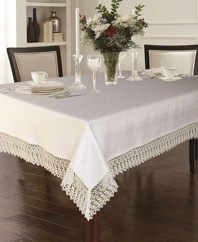 Vista 2 de Violet Linen Legacy - Diseño adoquinado de macramé, borde de encaje de macramé, jacquard de poliéster, blanco, 52 x 70 pulgadas, con capacidad