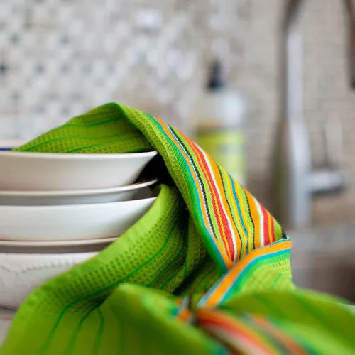Vista 5 de Cotton Craft - Paquete de 12 paños de cocina con rayas salsa multicolores 100 por ciento naturales, de 16" x 28" 16x28 inch Multi - Absorbent