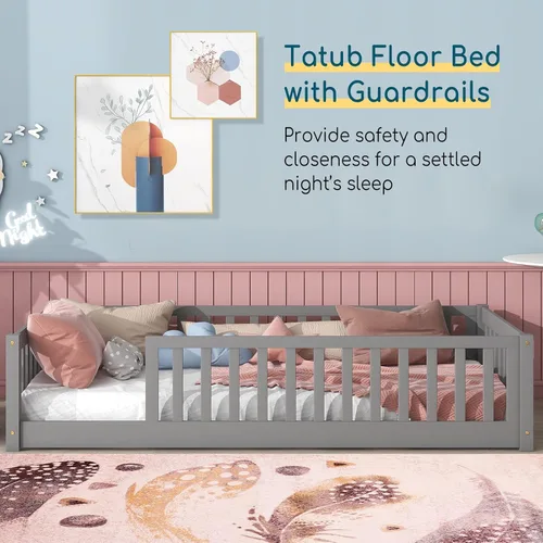Vista 2 de Tatub Cama de suelo individual con barandillas de seguridad y puerta y listones, marco de cama Montessori de madera para niños y niñas, tamaño Gris