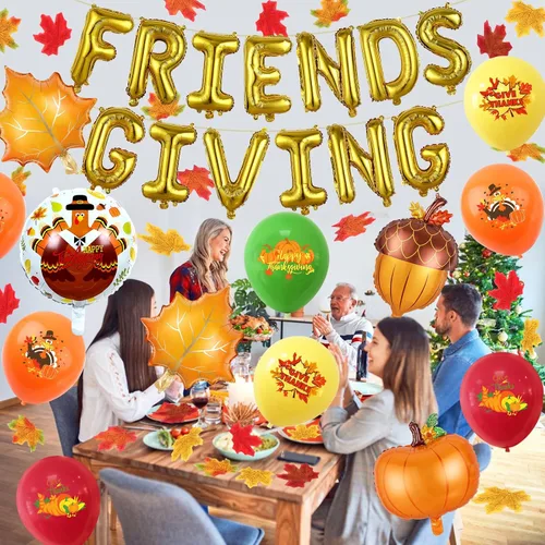 Vista 2 de Gold Friendsgiving Foil Balloons Friendsgiving Letter Balloons, Happy Friendsgiving Balloon Banner and Maple Leaf Confetti for friendsgiving