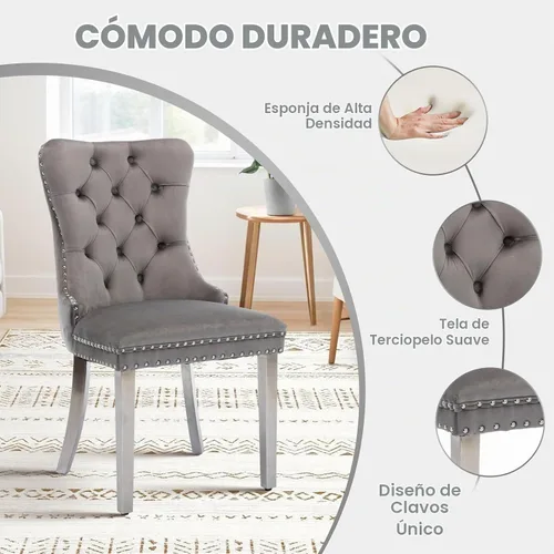 Vista 5 de Juego de mesa de comedor de cristal de 51" para 4, gris Tapa de vidrio templado, patas de metal plateado, sillas de terciopelo, juego de comedor