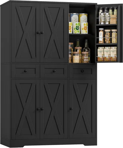 Vista 10 de HOSTACK Moderno armario de almacenamiento de despensa de cocina de granja, armario de despensa de cocina de 67 pulgadas de alto con puertas