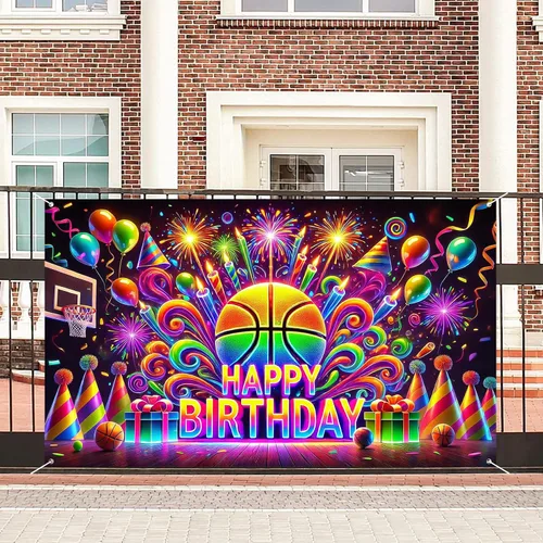 Vista 5 de Nuxovilar - Cartel de feliz cumpleaños de baloncesto neón de 71 x 43 pulgadas Fondo de baloncesto neón de alta energía para noches